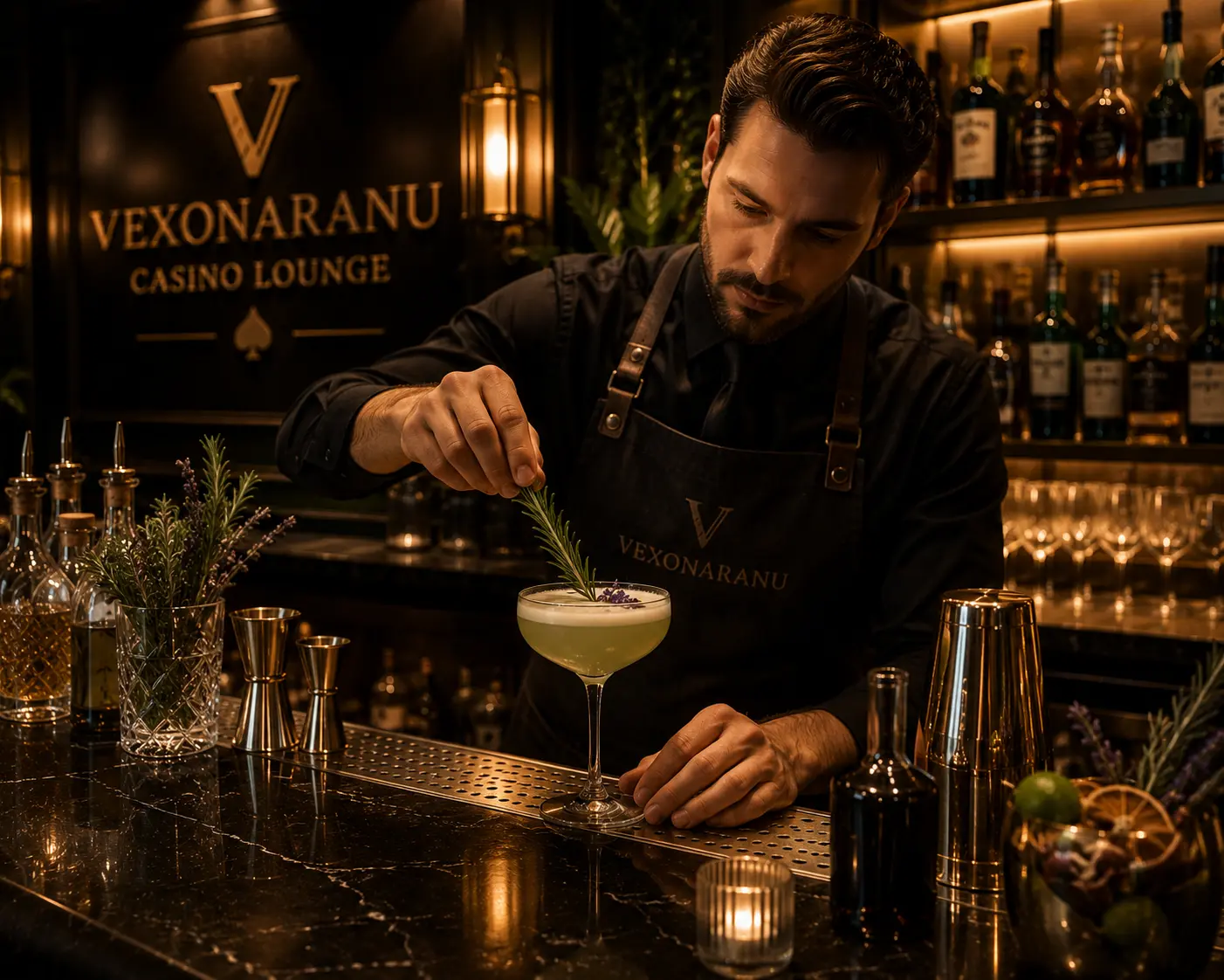 Barman przygotowuje botaniczny koktajl w kieliszku coupe z rozmarynem