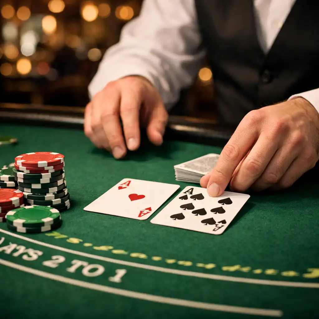 Zbliżenie na stół blackjack z kartami i żetonami w ciepłym świetle