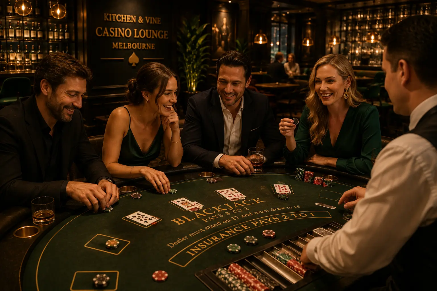 Goście przy stole do blackjacka w Casino Lounge, widoczne karty i żetony, ciepłe światło i zielone akcenty