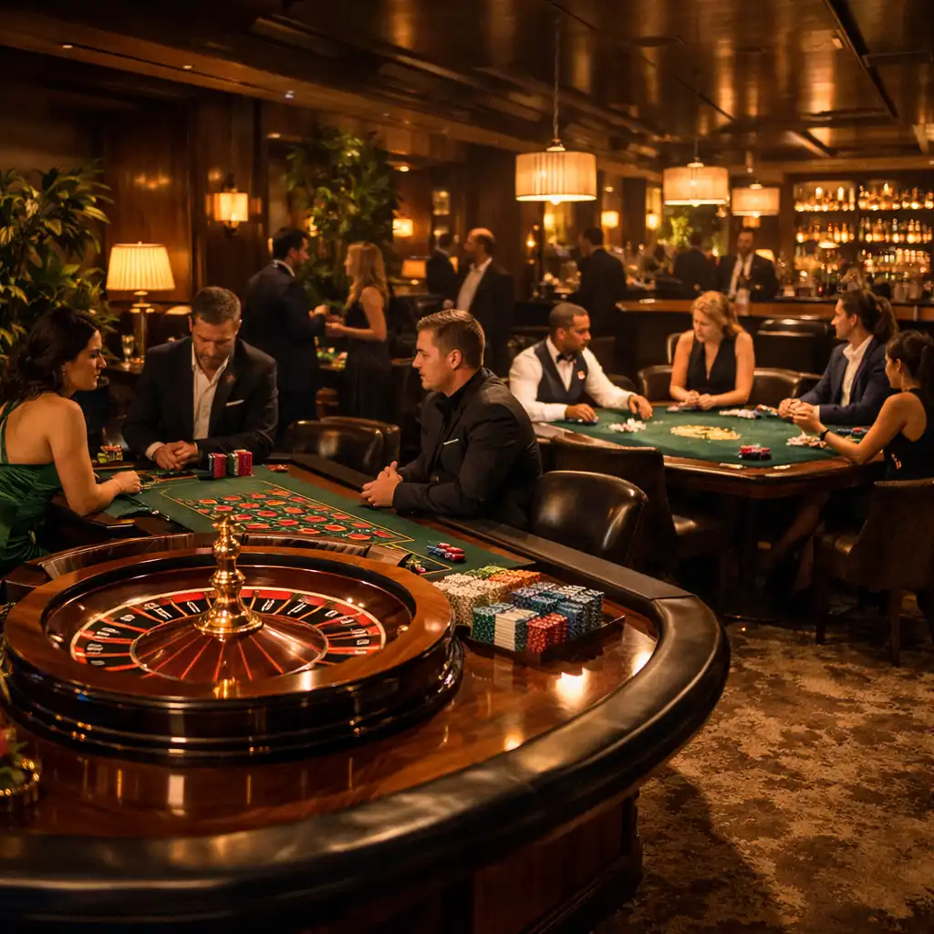Eleganckie wnętrze Casino Lounge w Vexonaranu z widocznymi stołami do gry, ciepłym oświetleniem i zielonymi akcentami