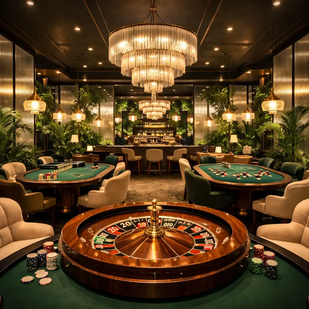 Szerokokątne ujęcie wnętrza Casino Lounge z stołami do pokera, ruletki i blackjacka, wygodnymi fotelami i dużą ilością zieleni