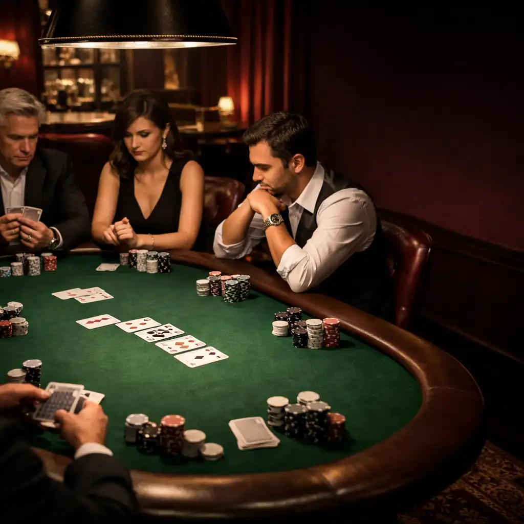 Fizyczny stół do pokera w Casino Lounge Vexonaranu z kartami, żetonami i gośćmi w wieczornym świetle