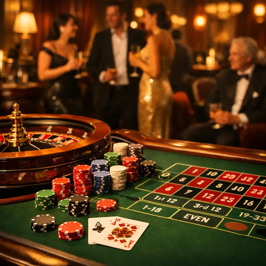 Stół do ruletki w Casino Lounge Vexonaranu z żetonami i kartami