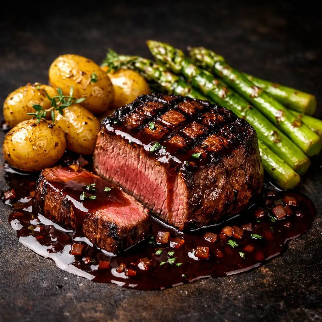 Polędwica wołowa z grilla z ziemniakami confit, szparagami i sosem bordelaise