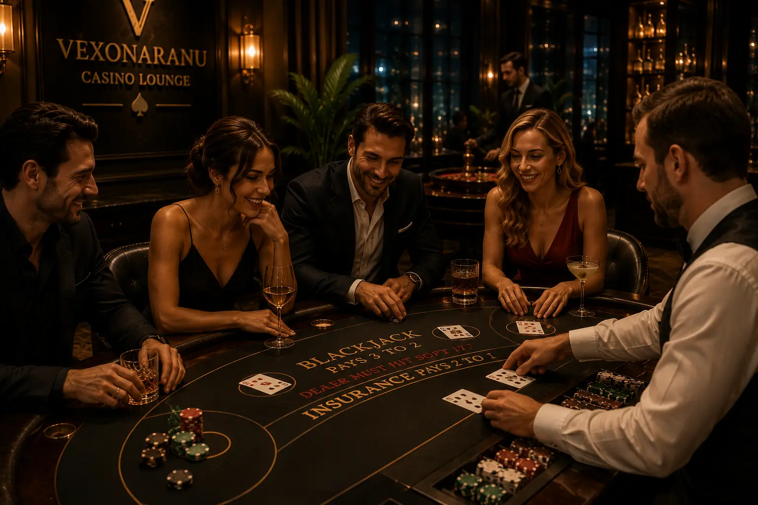 Grupa gości przy stole do blackjacka w kameralnym Casino Lounge