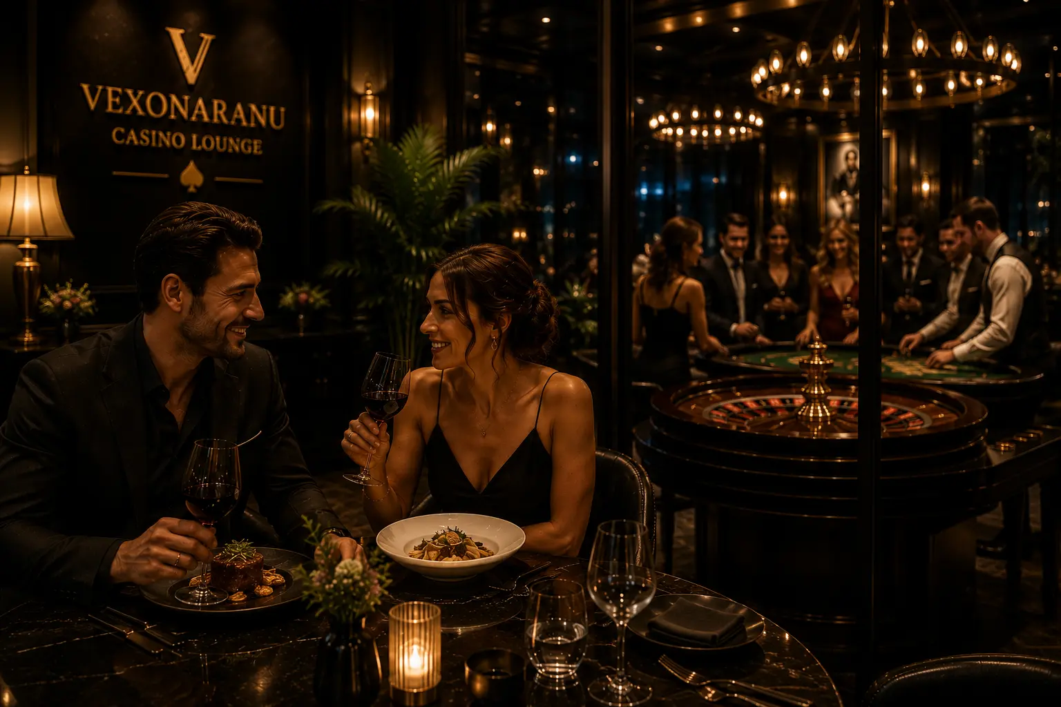 Elegancka kolacja w restauracji z widokiem na stół do ruletki w tle