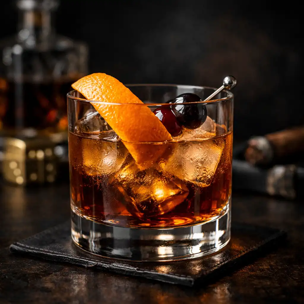 Casino Old Fashioned w szklance z grubym dnem, z pomarańczą i lodem