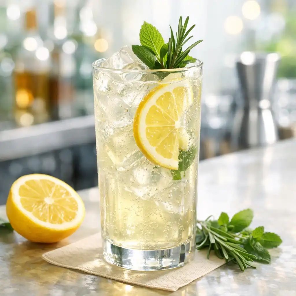 Koktajl Botanical Spritz w wysokiej szklance z lodem, cytryną i ziołami