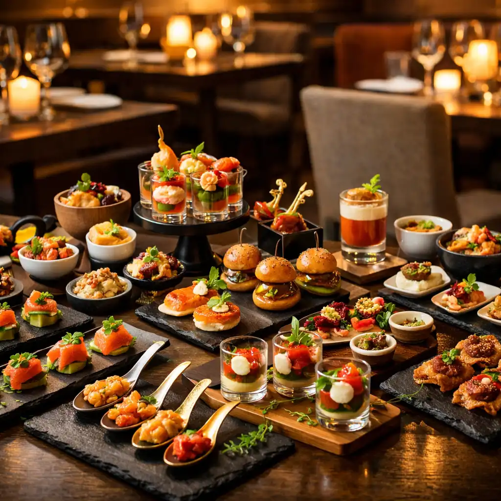 Stół degustacyjny z wieloma małymi daniami w restauracji Vexonaranu