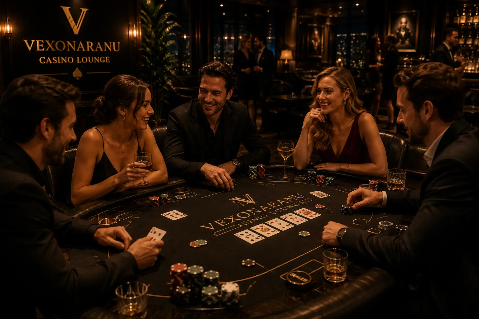 Grupa gości przy stole pokerowym w eleganckim Casino Lounge Vexonaranu