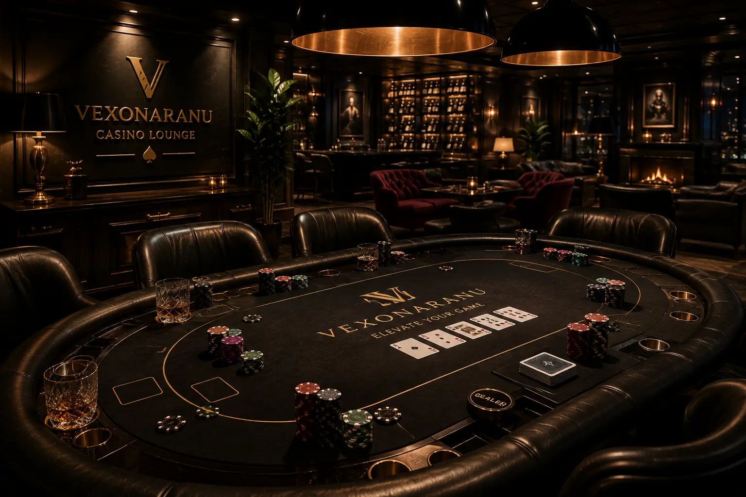 Elegancki stół pokerowy w luksusowym wnętrzu Vexonaranu, wieczorem