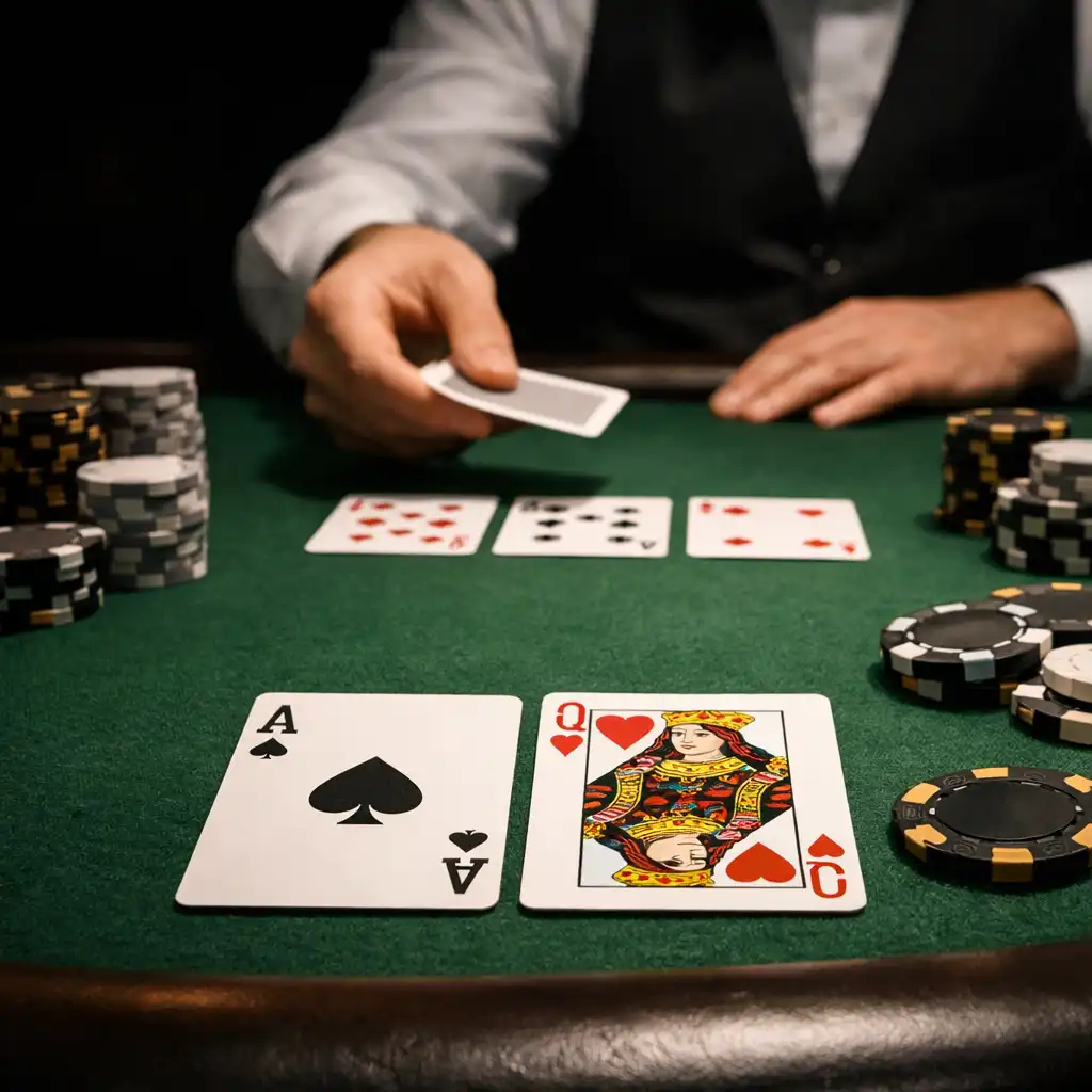 Zbliżenie na stół pokerowy z kartami i żetonami w Vexonaranu