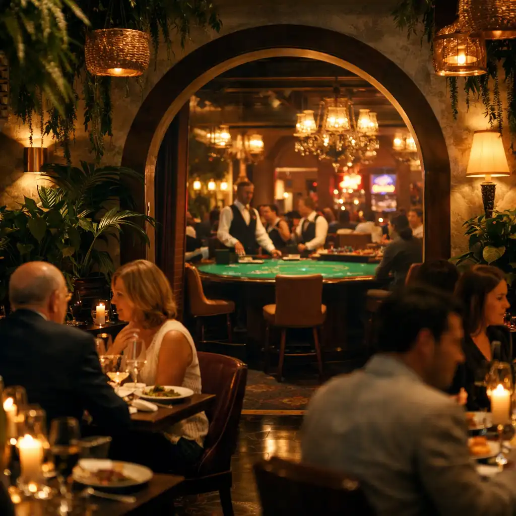 Wnętrze restauracji Vexonaranu z widokiem na stół blackjack w tle