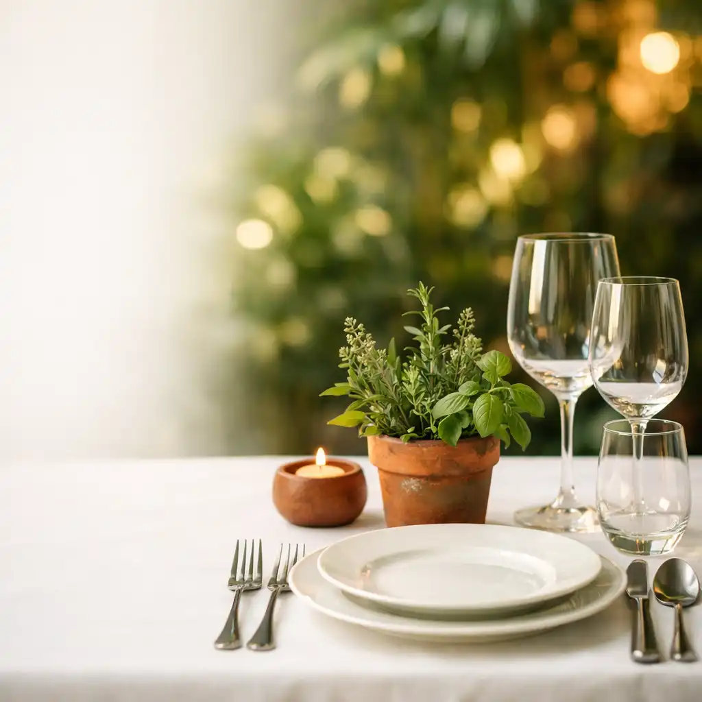 Elegancko nakryty stół w restauracji Vexonaranu z porcelaną, kieliszkami i kompozycją z ziół